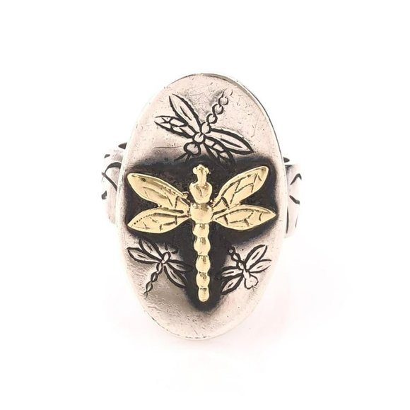 Sterling Silver Vintage Oval Golden Dragonfly Signet Ring - Picture 6 of 7
